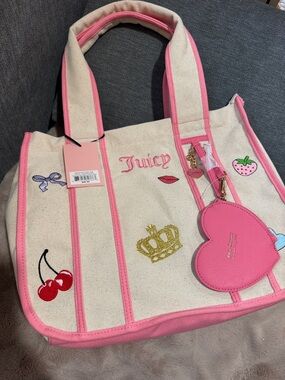 Juicy Couture Cream Canvas Tote with Pink Trim and Heart Charm